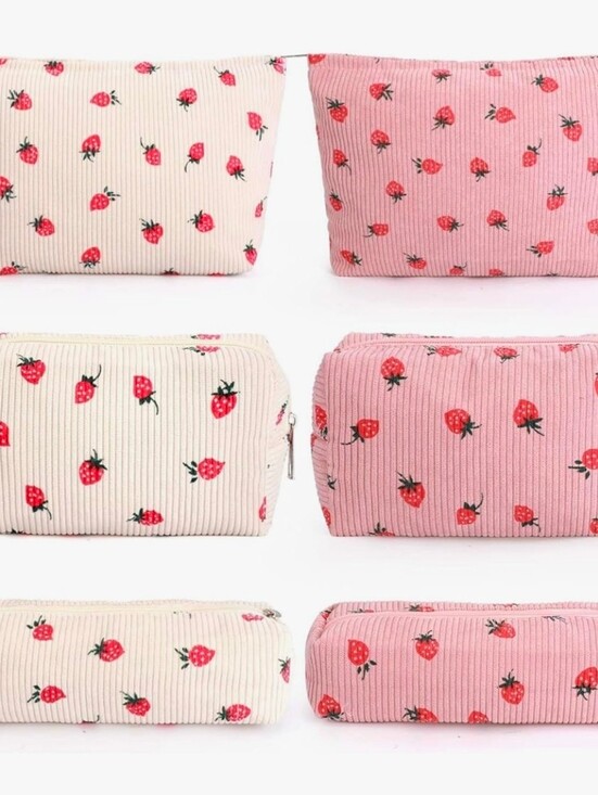 Handbags - Strawberry Print Pink/Cream Corduroy Accessory Pouch 6 Available